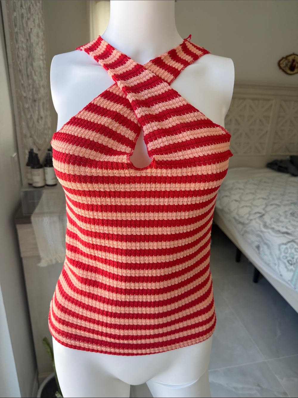 Striped Crisscross Halter Tank Top - Red & Pink